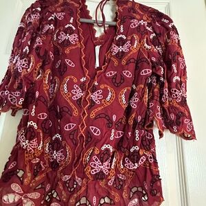 Anthropologie Burgundy and Pink Embroidered Blouse